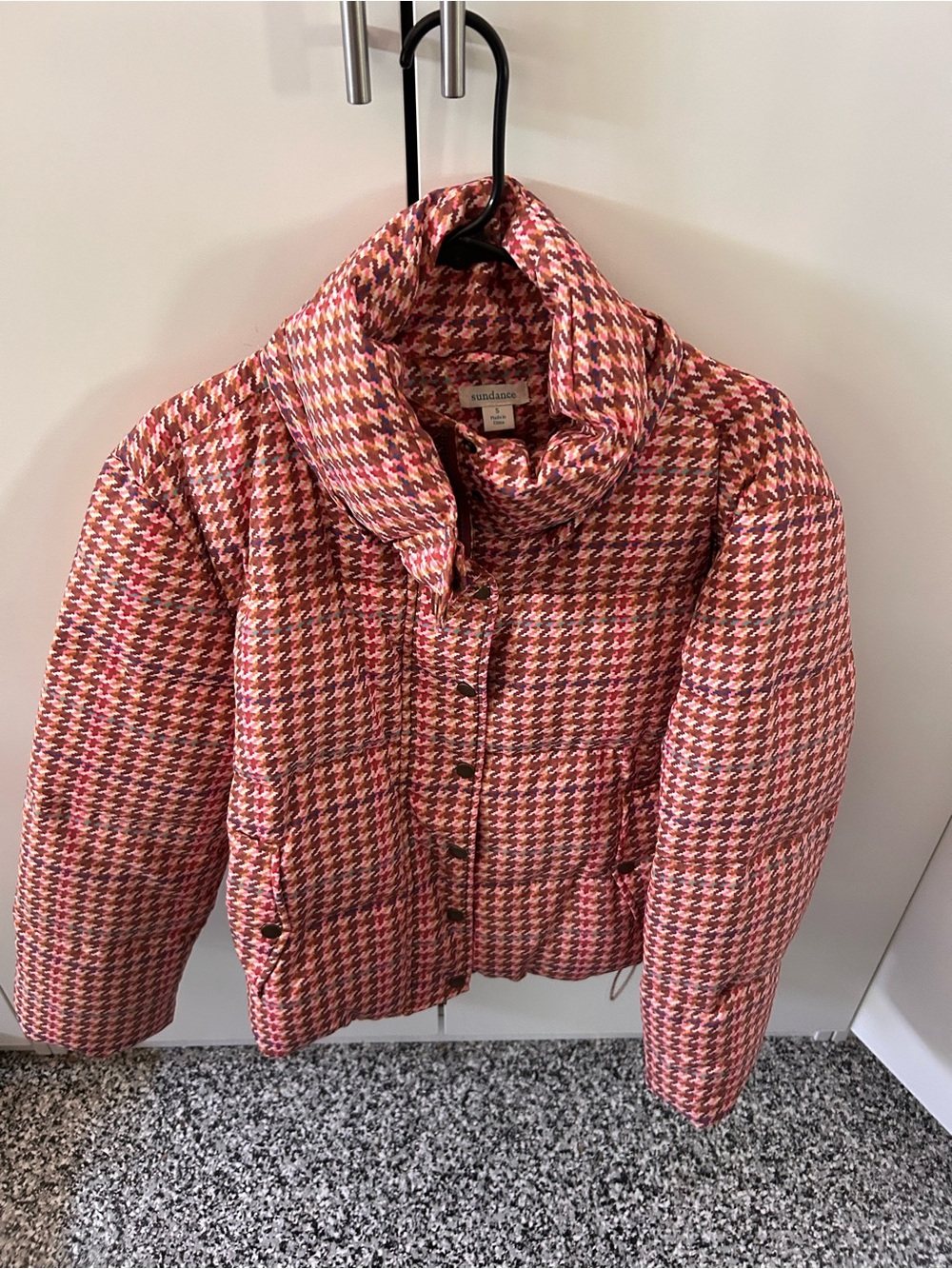 Sundance Pink Multi Houndstooth Cropped Puffer Jacket